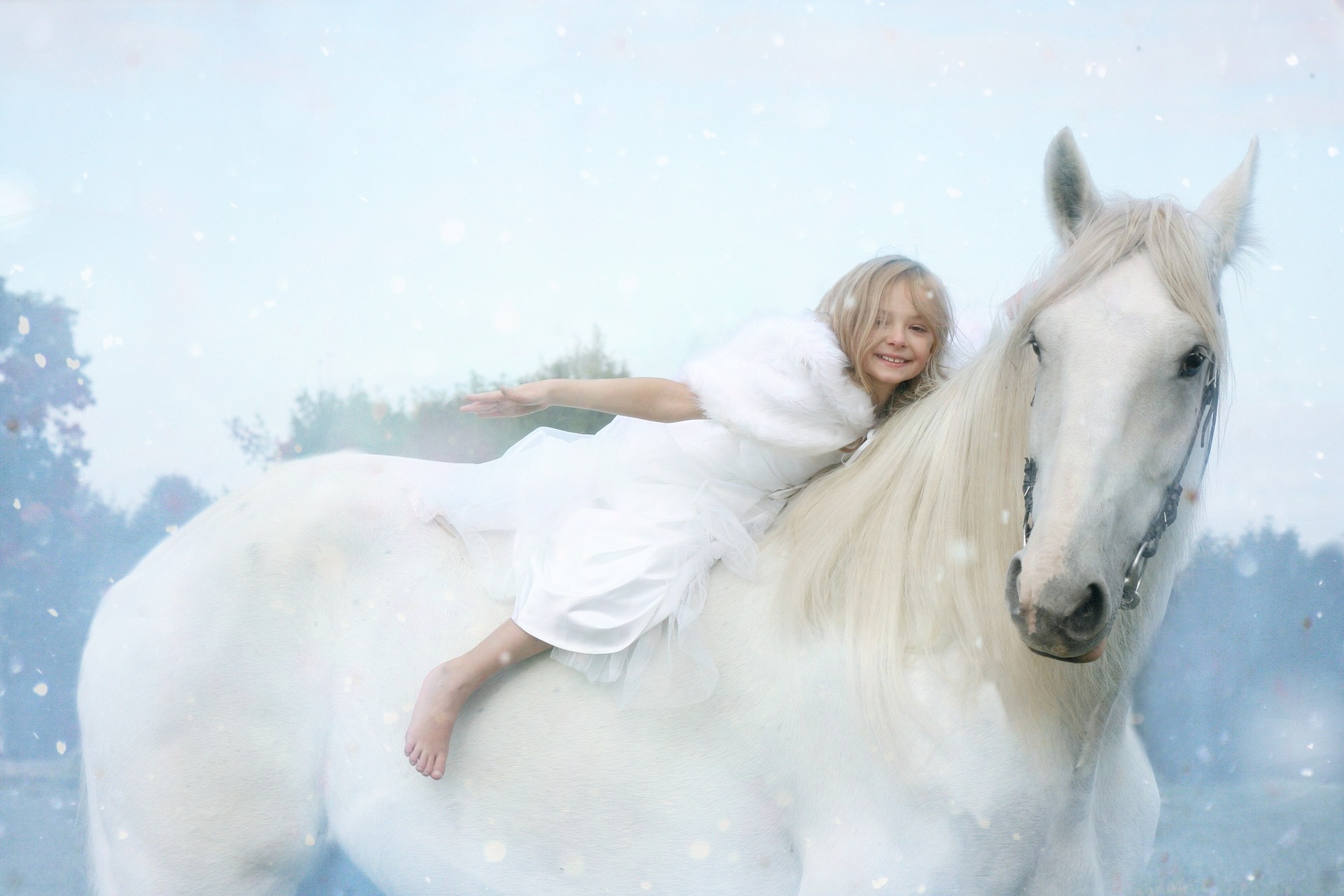 malá holka na bílém koni a padající sníh