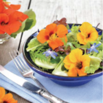 květiny na talíři se salátem na modrém ubrousku